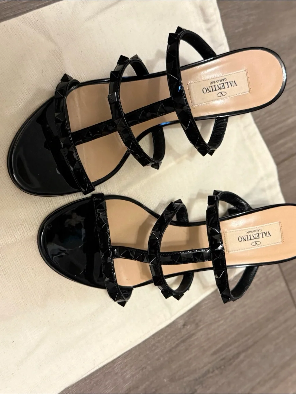 Valentino Garavani Black Patent Rockstud Triple-Strap Slide Sandals